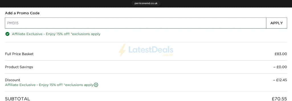 Screenshot of the Perricone MD discount code working