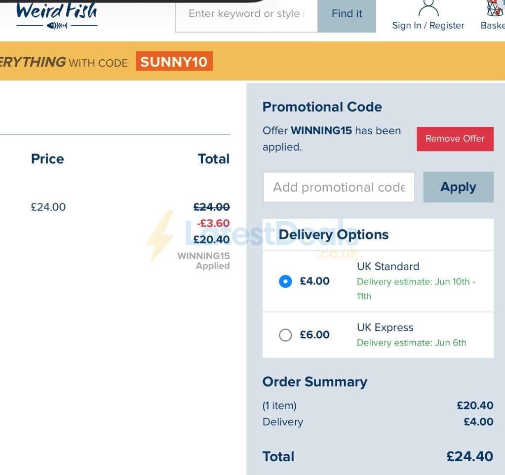 Screenshot of the Weird Fish discount code working
