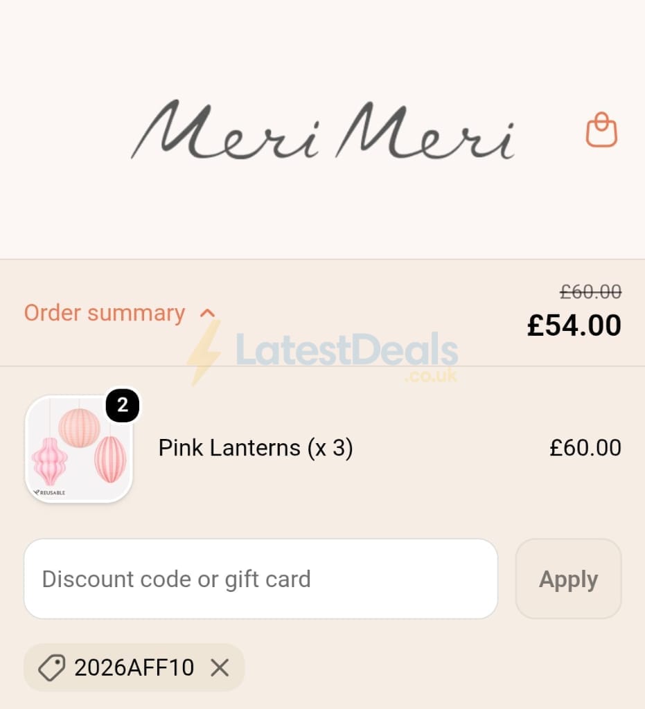 Screenshot of the Meri Meri discount code working