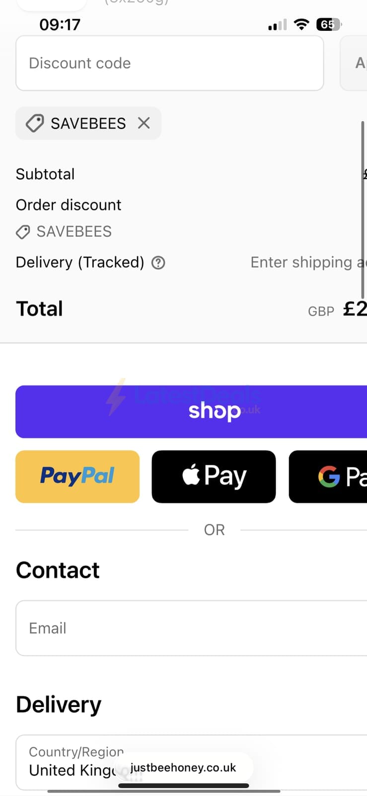 Screenshot of the Just Bee Honey discount code working