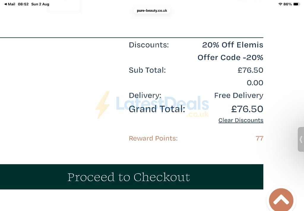 Screenshot of the Pure Beauty discount code working
