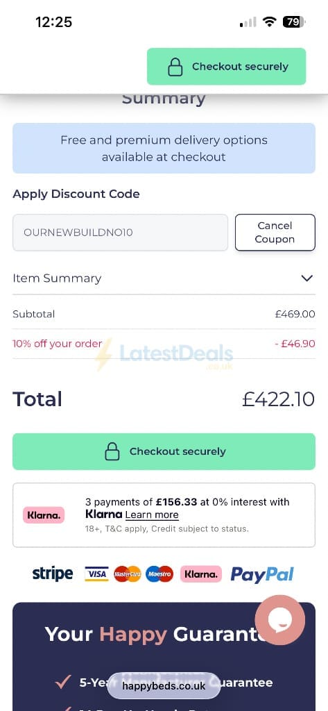 Screenshot of the Happy Beds discount code working