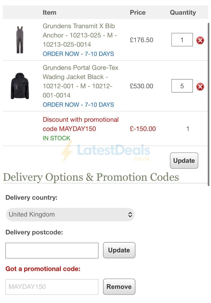 Screenshot of the Uttings discount code working