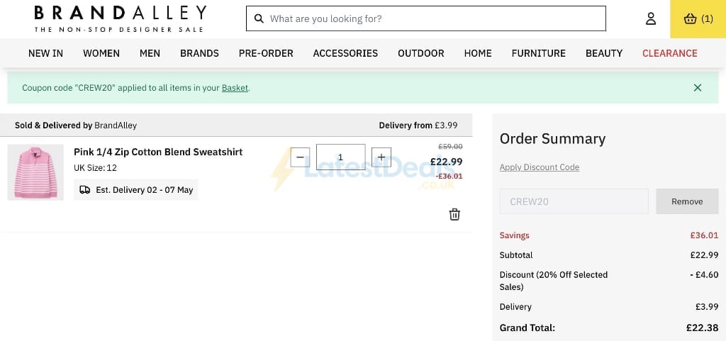 Screenshot of the BrandAlley discount code working
