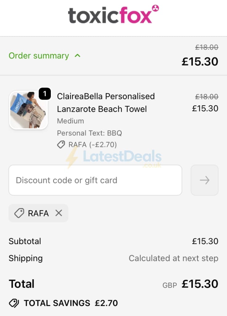 Screenshot of the Toxicfox discount code working