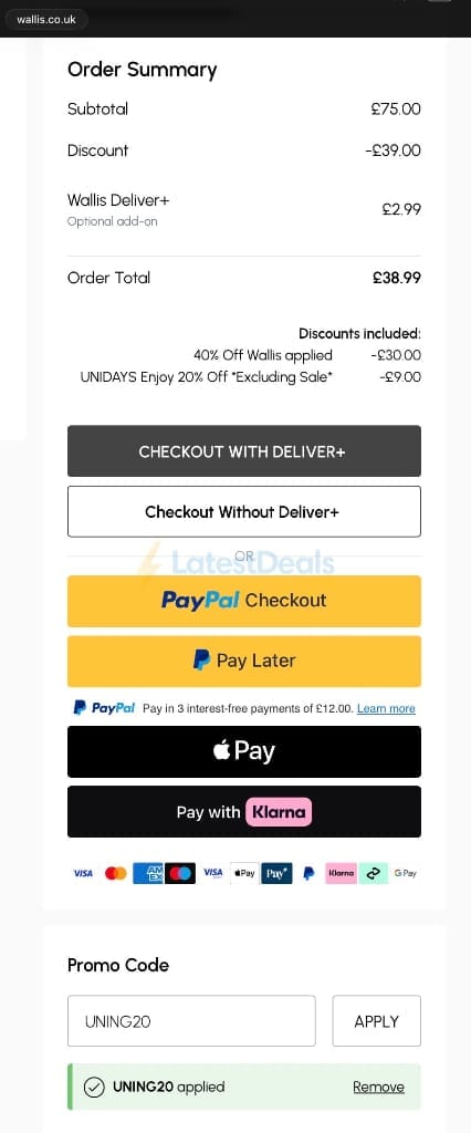 Screenshot of the Wallis discount code working
