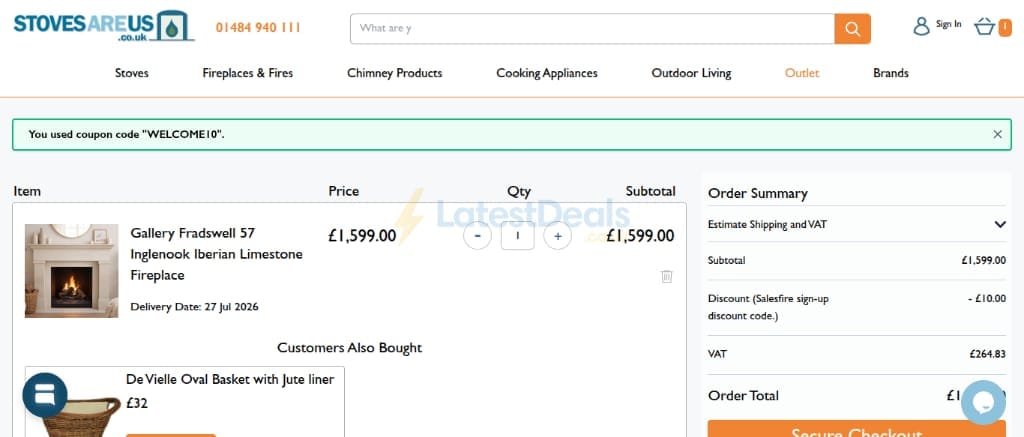 Screenshot of the Stoves Are Us discount code working