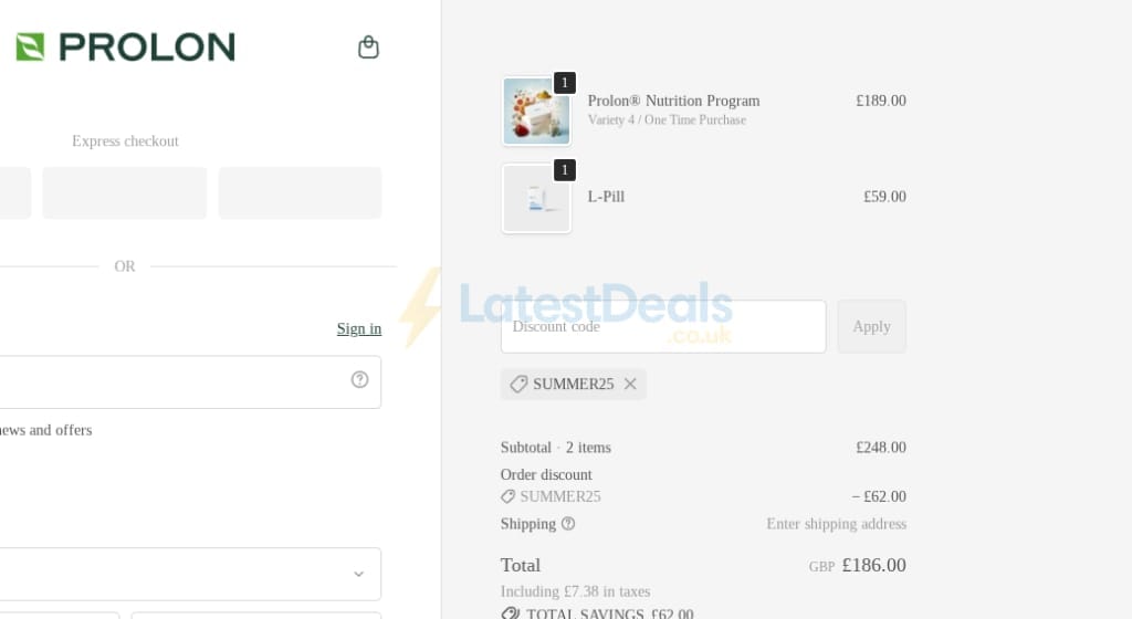 Screenshot of the Prolon UK discount code working