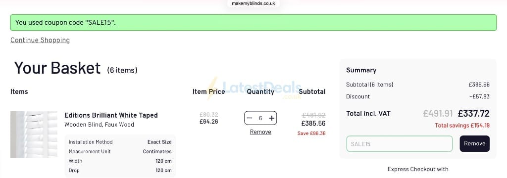 Screenshot of the Make My Blinds discount code working