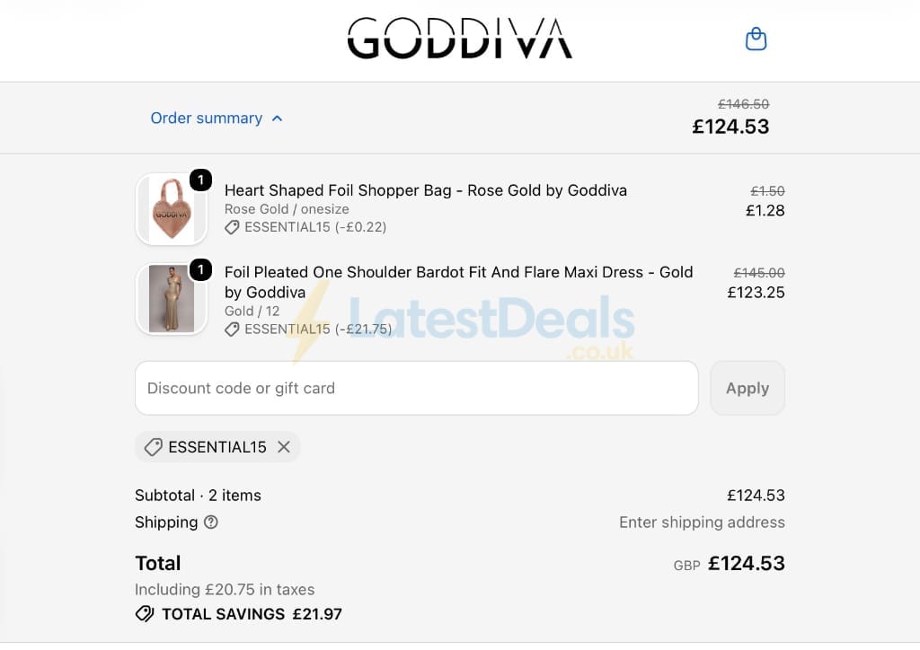 Screenshot of the Goddiva discount code working