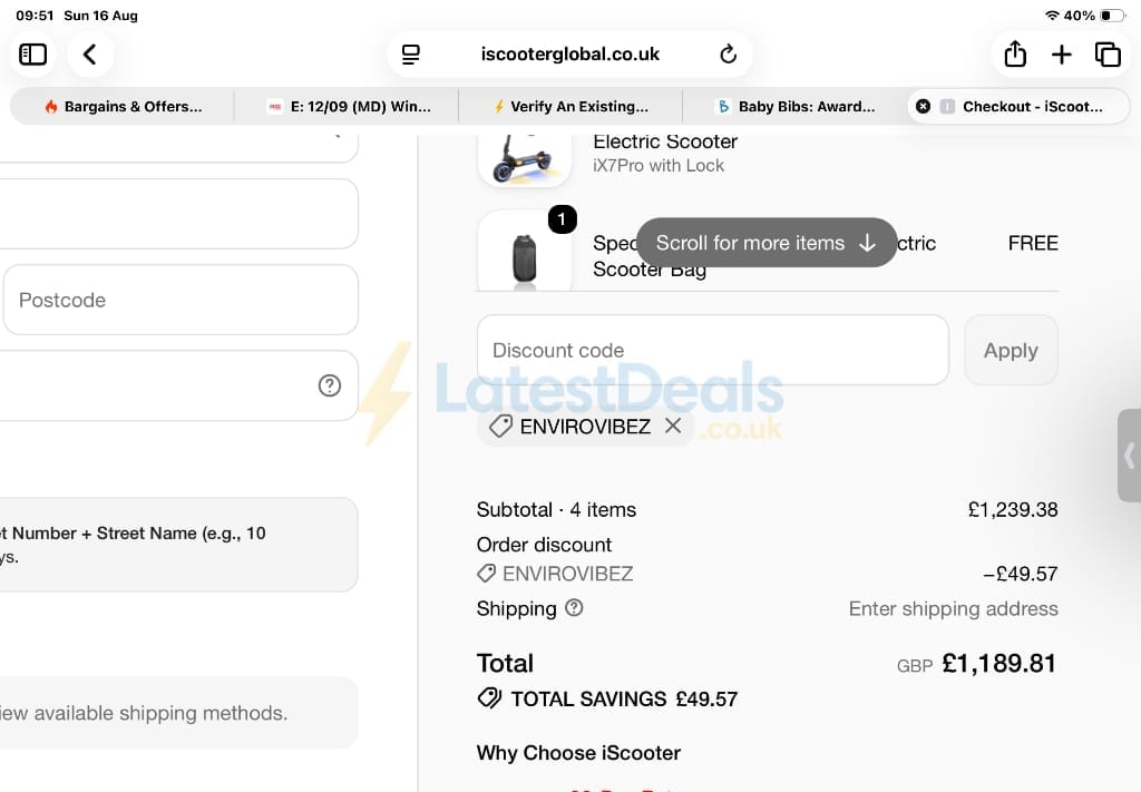Screenshot of the iScooter discount code working
