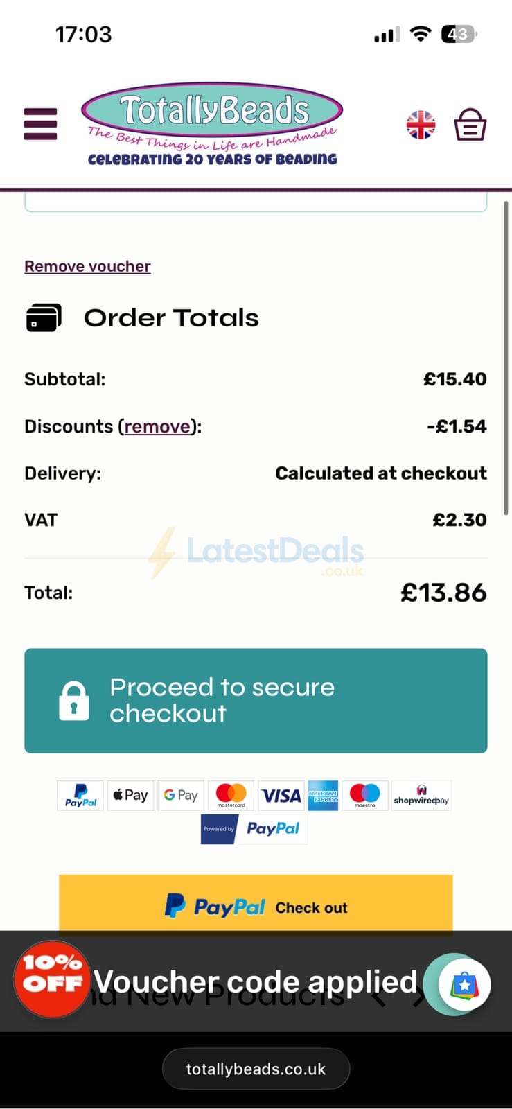 Screenshot of the Totally Beads discount code working
