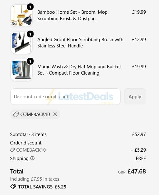 Screenshot of the The Dustpan and Brush Store discount code working