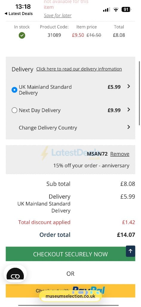 Screenshot of the Museum Selection discount code working