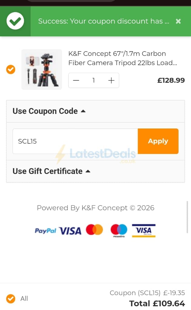 Screenshot of the K&F Concept discount code working