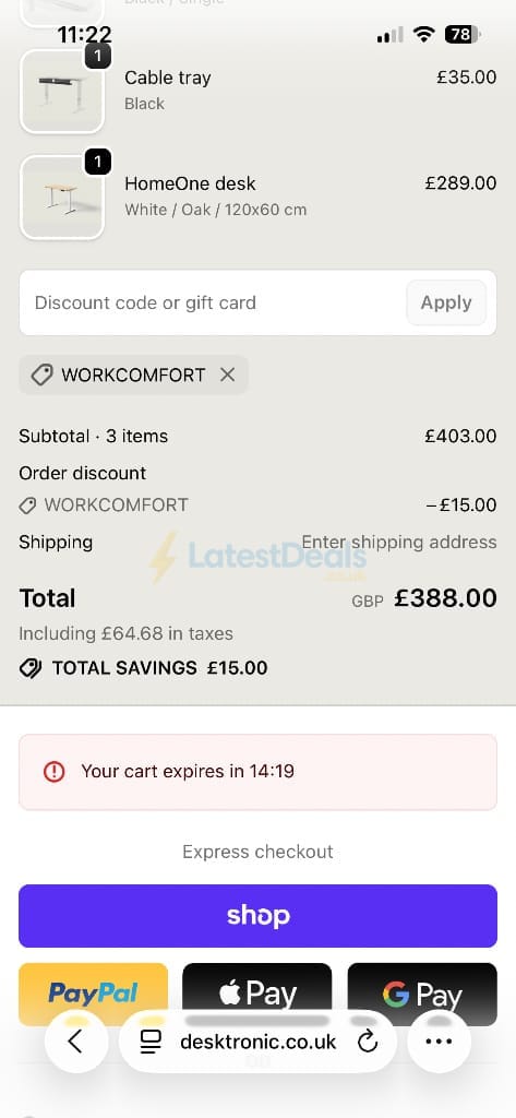Screenshot of the Desktronic discount code working