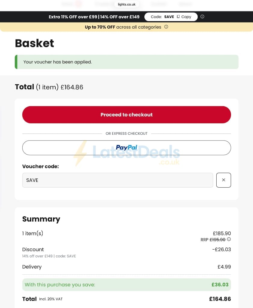 Screenshot of the lights.co.uk discount code working