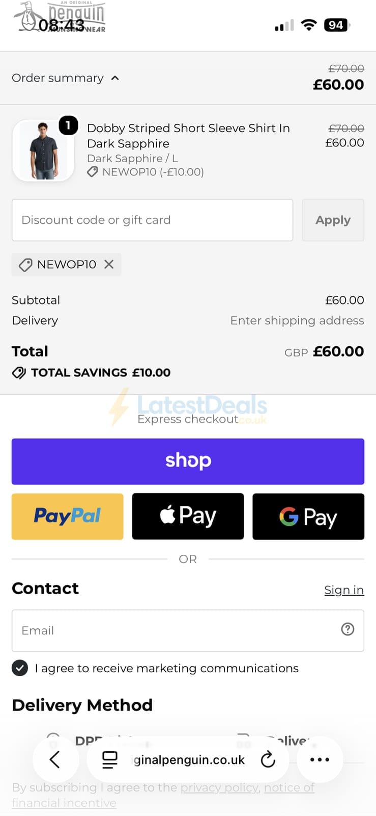 Screenshot of the Original Penguin discount code working