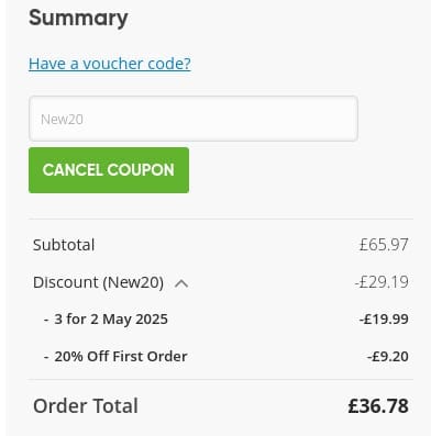 Screenshot of the Nutri Advanced discount code working