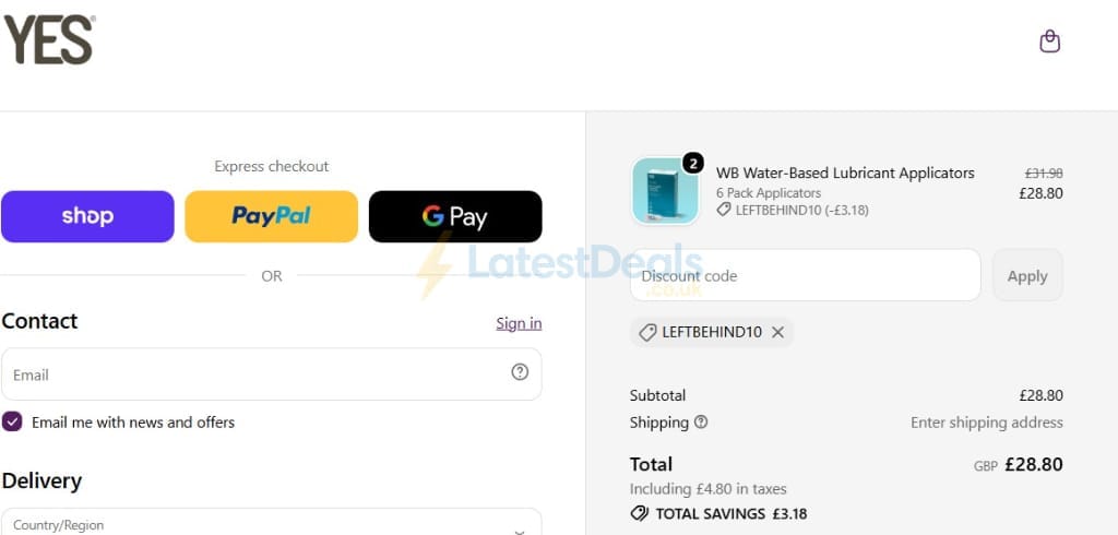 Screenshot of the Yesyesyes discount code working