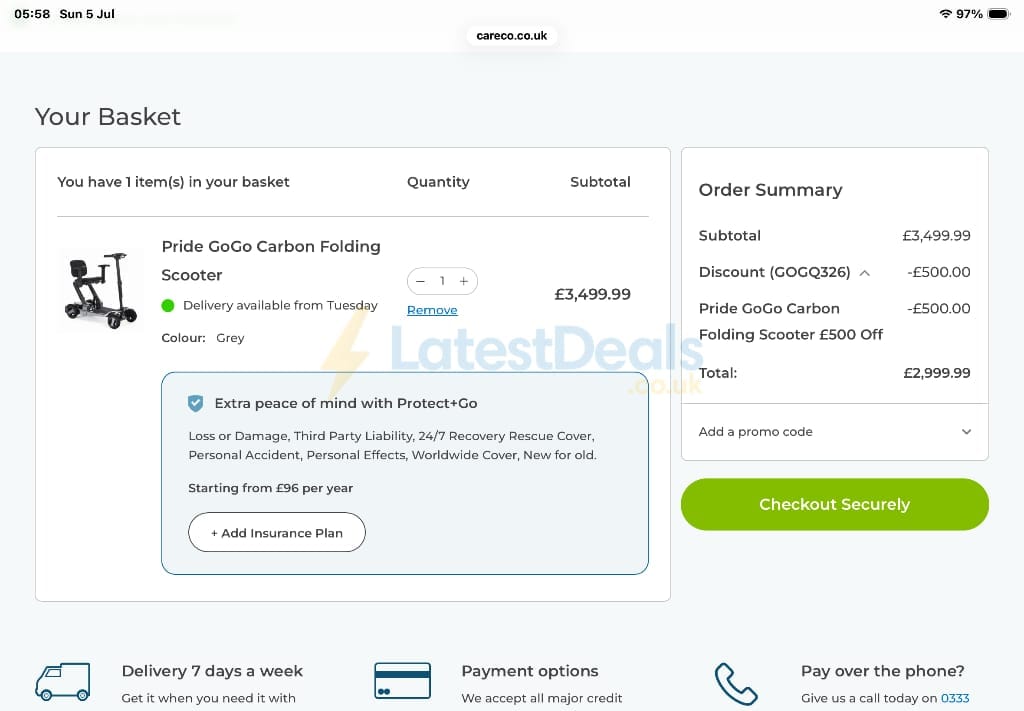 Screenshot of the CareCo discount code working