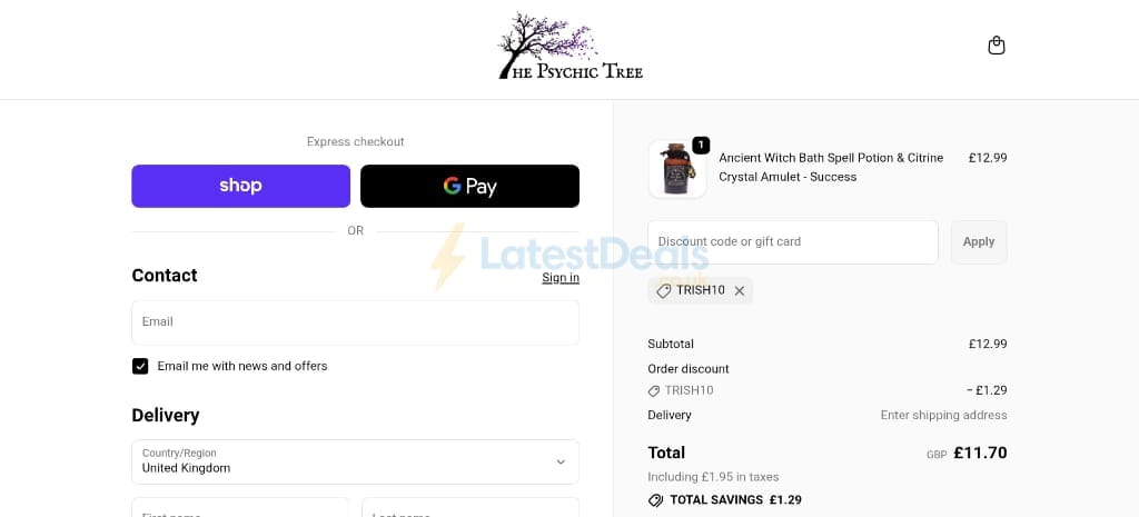 Screenshot of the The Psychic Tree discount code working
