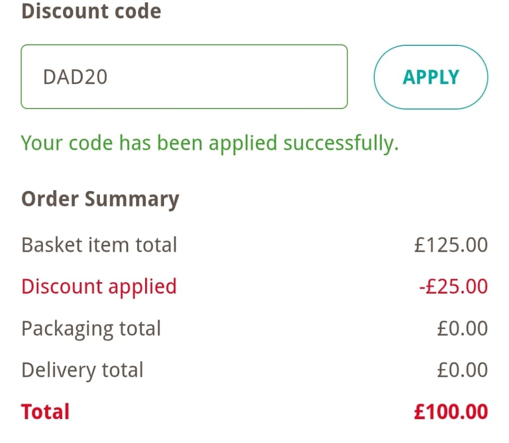 Screenshot of the Buyagift discount code working