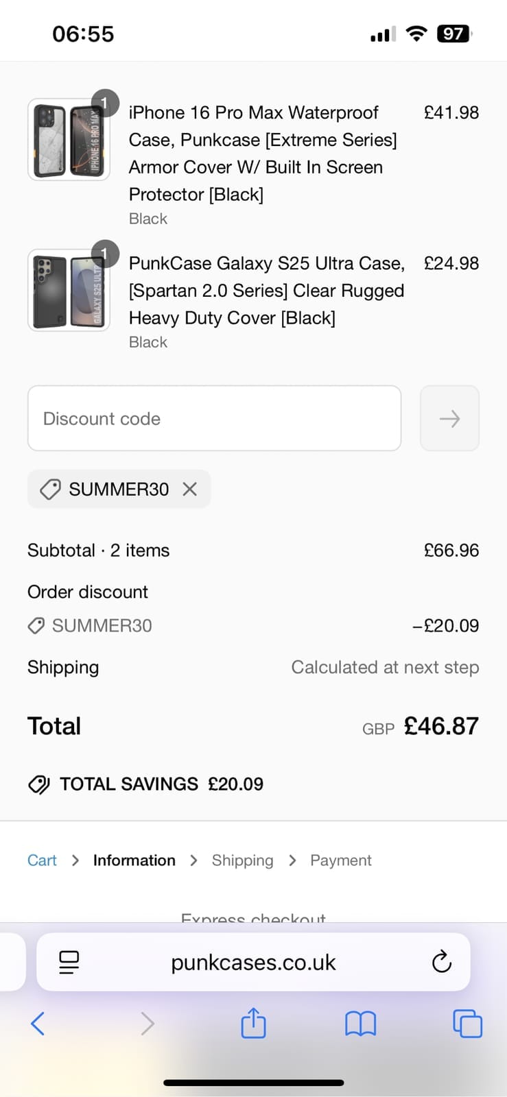 Screenshot of the Punkcases discount code working