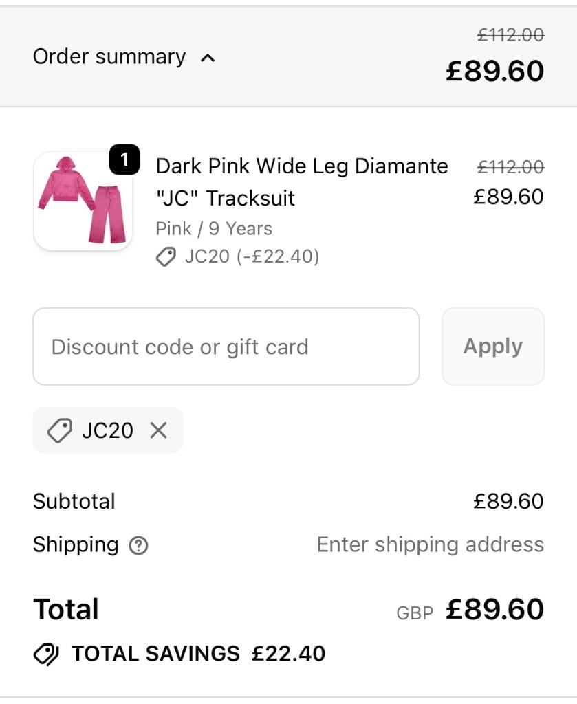 Screenshot of the Village Kids discount code working