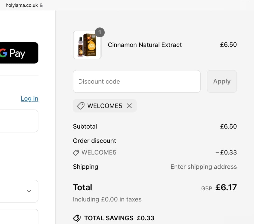 Screenshot of the Holylama discount code working
