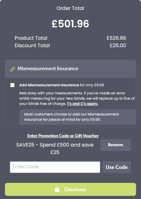 Screenshot of the Order Blinds discount code working