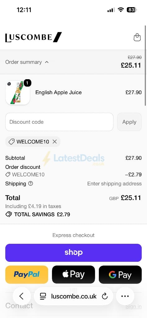 Screenshot of the Luscombe discount code working