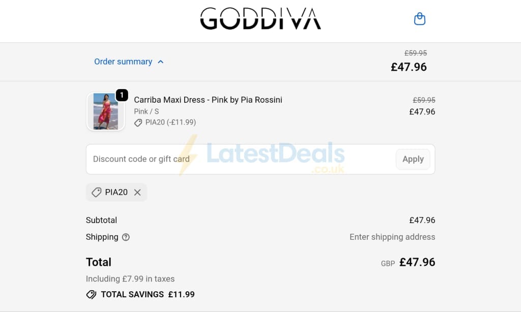 Screenshot of the Goddiva discount code working