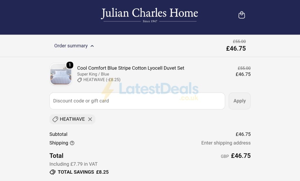 Screenshot of the Julian Charles discount code working