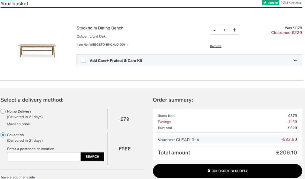 Screenshot of the Furniture Village discount code working