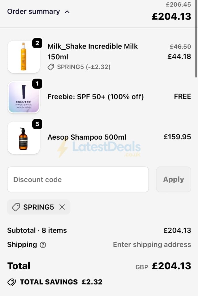 Screenshot of the LuxuriousLook discount code working