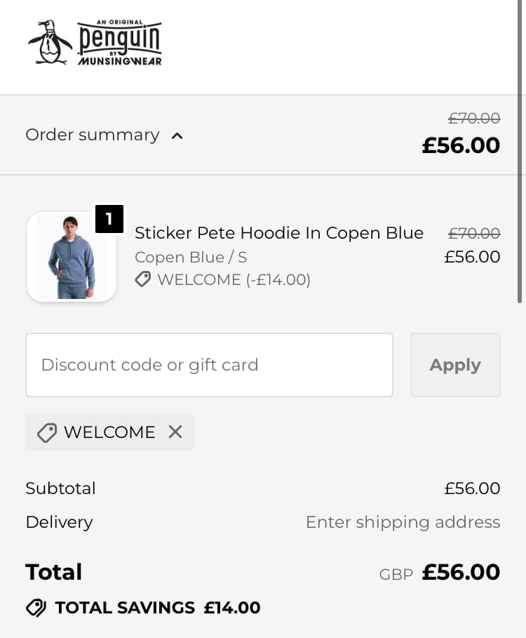 Screenshot of the Original Penguin discount code working