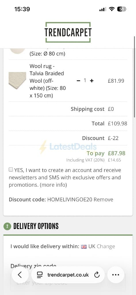 Screenshot of the Trendcarpet discount code working