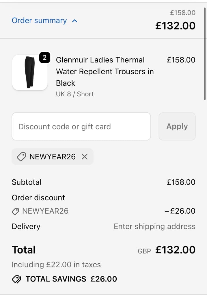 Screenshot of the Golf Garb discount code working