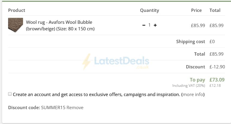 Screenshot of the Trendcarpet discount code working