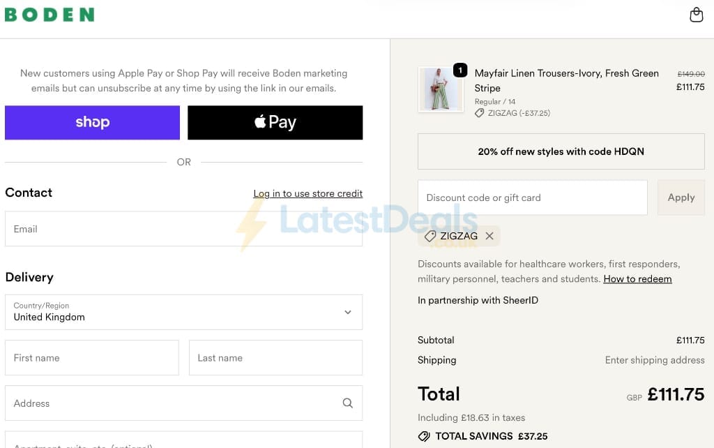 Screenshot of the BODEN discount code working