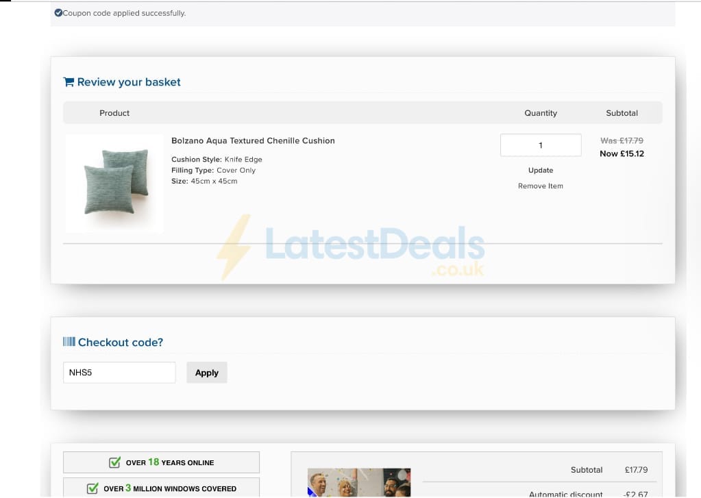 Screenshot of the Unbeatable Blinds discount code working