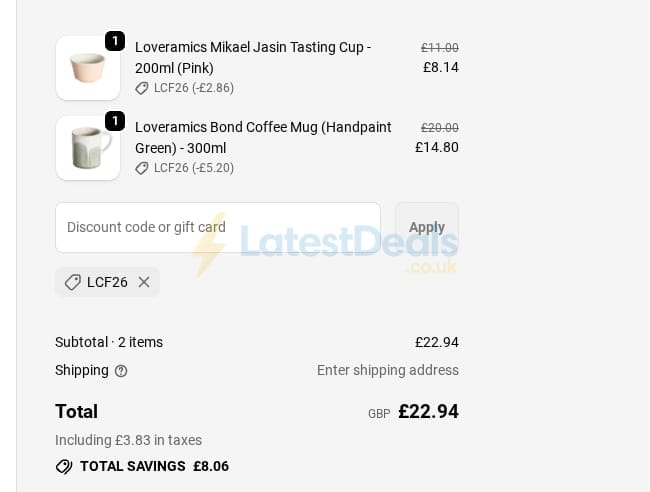 Screenshot of the Loveramics discount code working