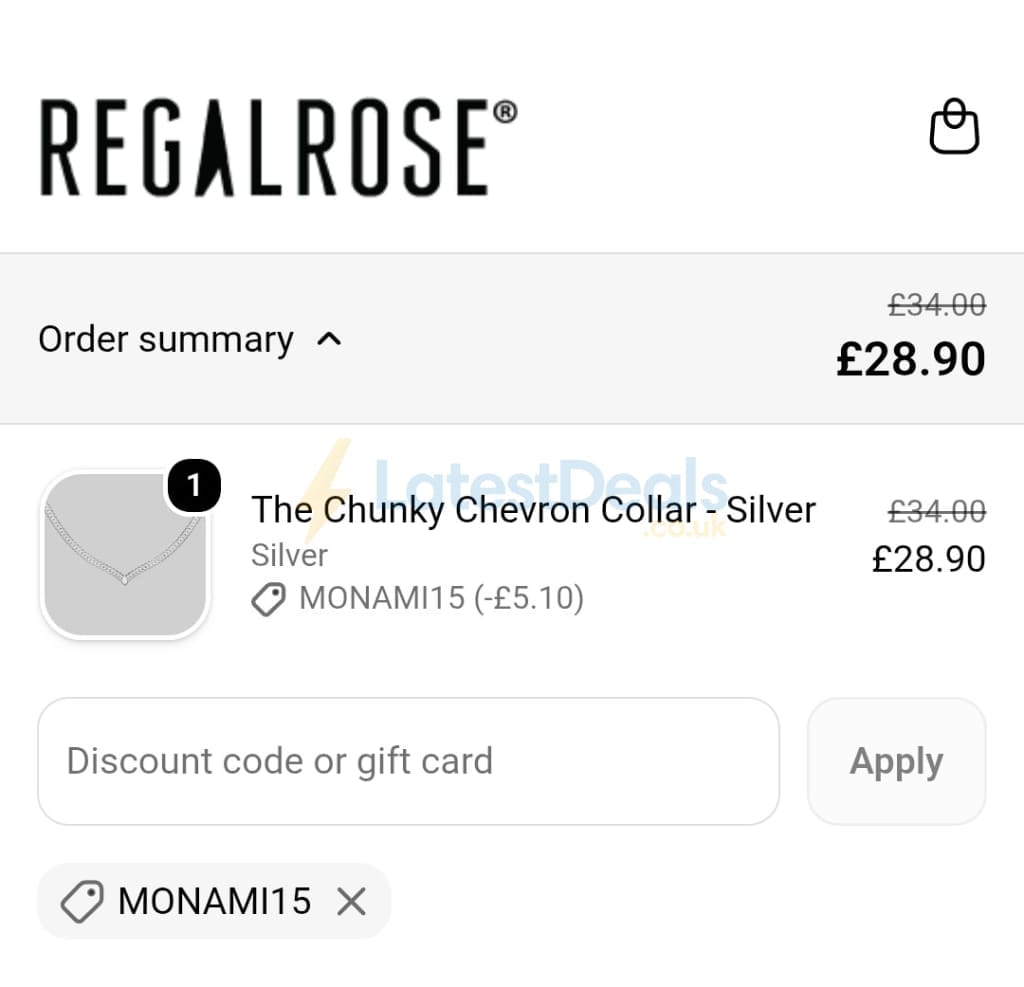 Screenshot of the REGALROSE discount code working