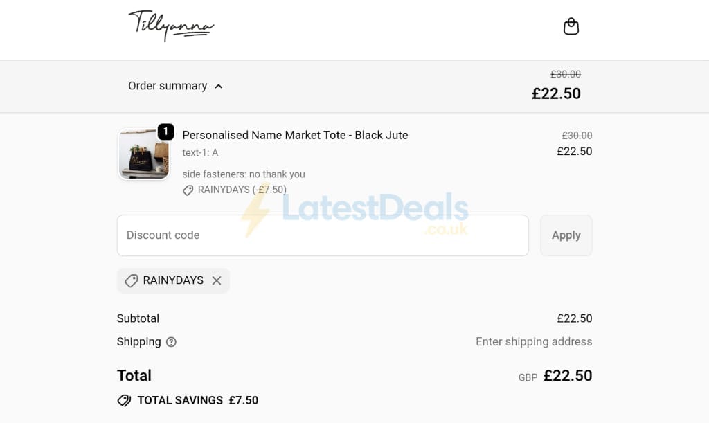 Screenshot of the Tillyanna discount code working
