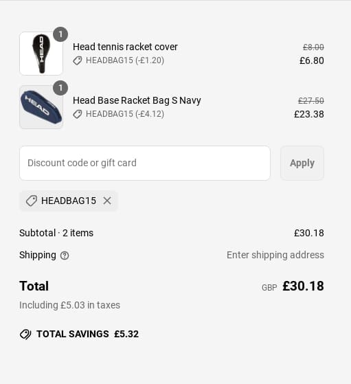 Screenshot of the All Things Tennis discount code working