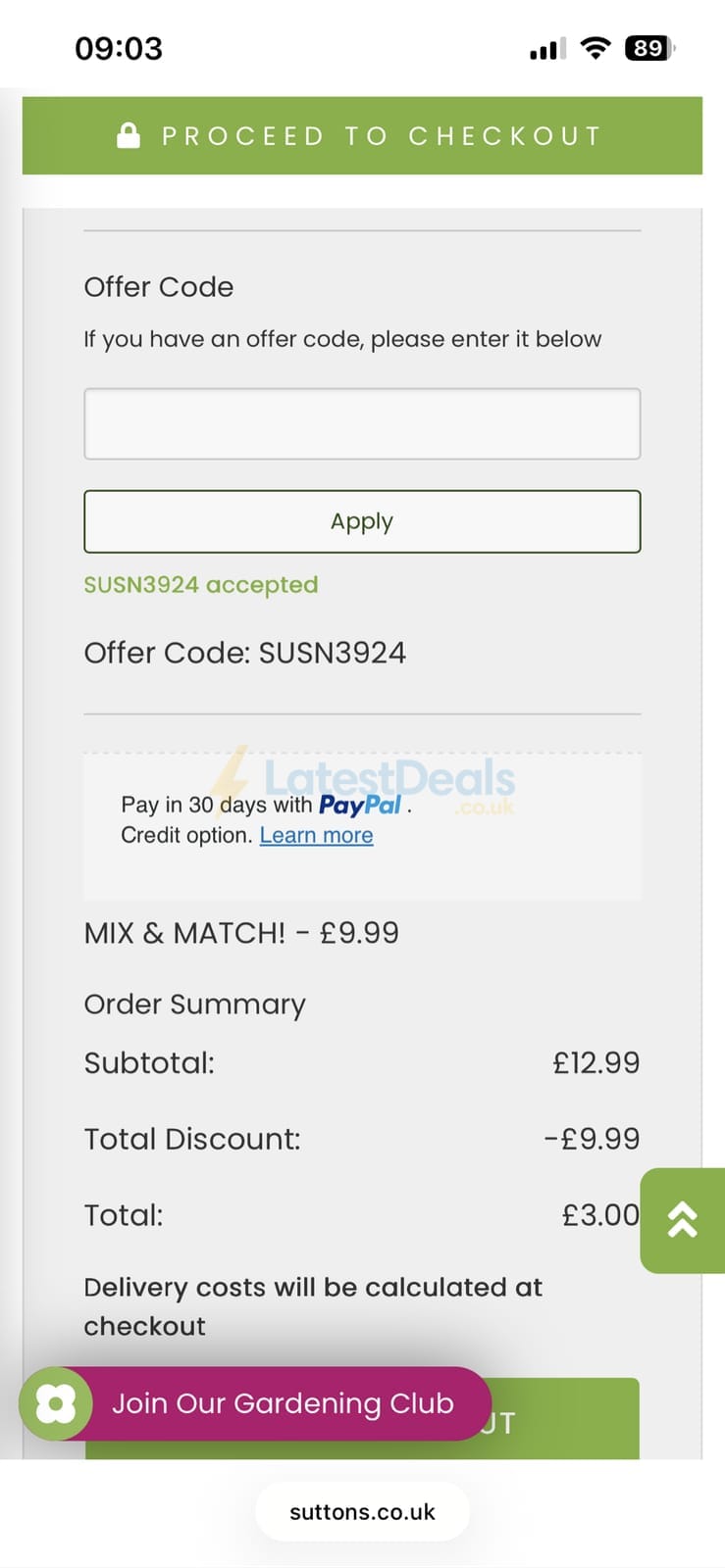 Screenshot of the Suttons discount code working