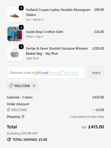 Screenshot of the Millbry Hill discount code working