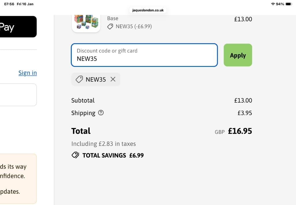 Screenshot of the Jaques London discount code working