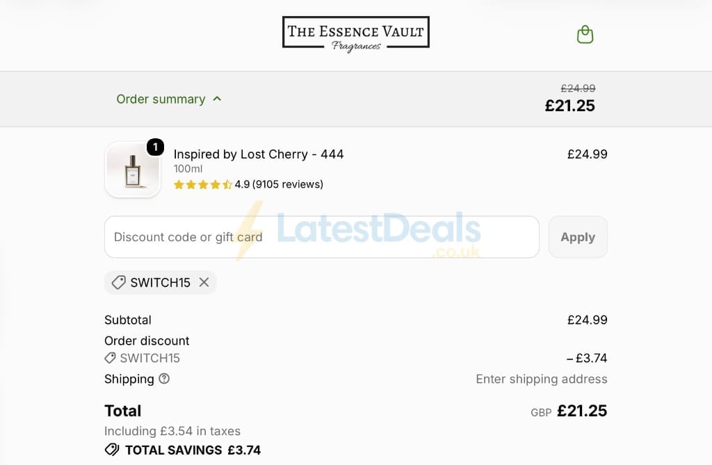 Screenshot of the The Essence Vault discount code working
